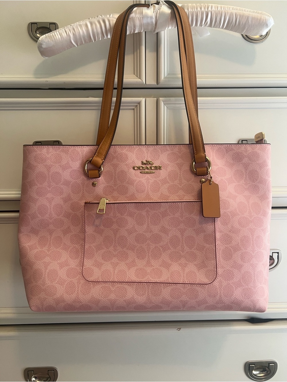 Coach Pink Signature Tote with Tan Leather Straps and Gold Hardware